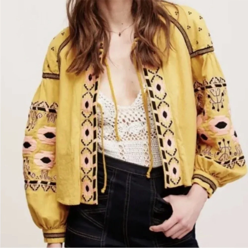 Anthropologie RD + Koko Embroidered Yellow Bohemian Jacket - Picture 7 of 7